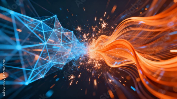 Fototapeta Abstract digital network merging with flowing energy particles in a dynamic cosmic scene
