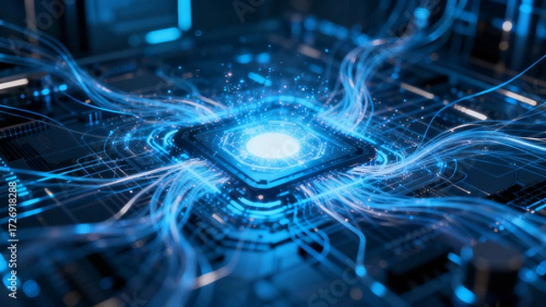 Fototapeta Futuristic digital circuit with glowing blue energy flow and central processor core