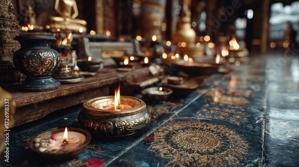 Fototapeta Serenity illumination: A meditative atmosphere created by candles in a temple