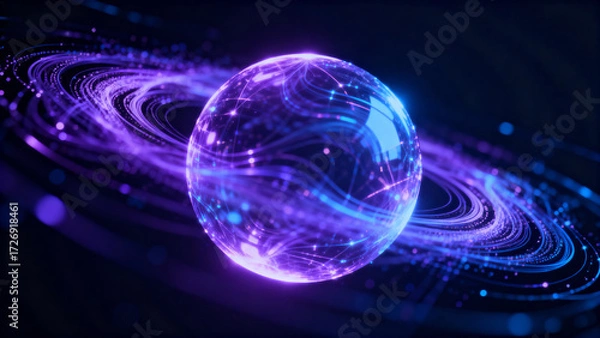 Fototapeta A glowing purple planet with swirling rings and cosmic energy patterns in a dark space background