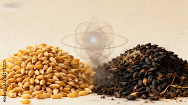 Fototapeta Piles of wheat grains and dark seeds with soil, featuring an atomic symbol overlay