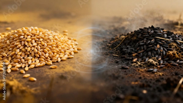 Fototapeta Comparison of golden and charred grains on soil surface
