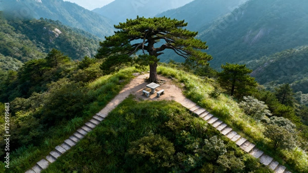 Fototapeta Aerial view of a solitary pine tree atop a mountain ridge with stone pathways leading to a small seating area surrounded by lush greenery and distant mountains.