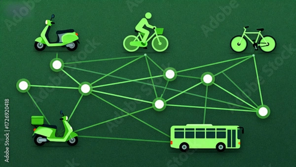 Fototapeta Green transportation network connecting scooters, bicycles, and a bus with interconnected nodes on a dark green background