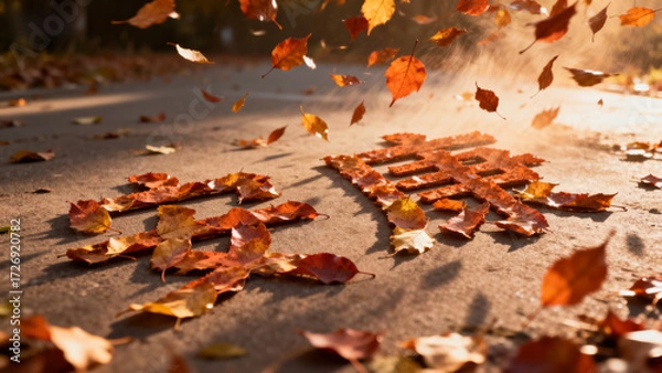 Fototapeta Autumn leaves scattered on pavement with sunlight casting shadows, forming patterns on the ground