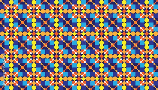 Obraz Colorful Geometric Pattern – Seamless Abstract Background in Blue, Orange, and Yellow. A vibrant geometric seamless pattern featuring blue, orange, yellow, and red tones