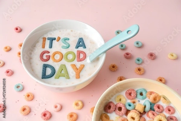 Fototapeta Good Day Cereal: A cheerful bowl of cereal proclaims 'IT'S A GOOD DAY', a vibrant mix of colorful cereals and milk on a pastel backdrop. A spoonful suggests breakfast joy 