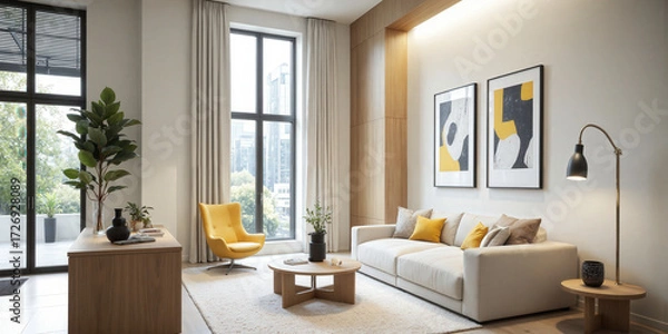 Fototapeta Sophisticated home office with smart technology, ergonomic furniture, and a contemporary design. The home office features AI-driven task management tools