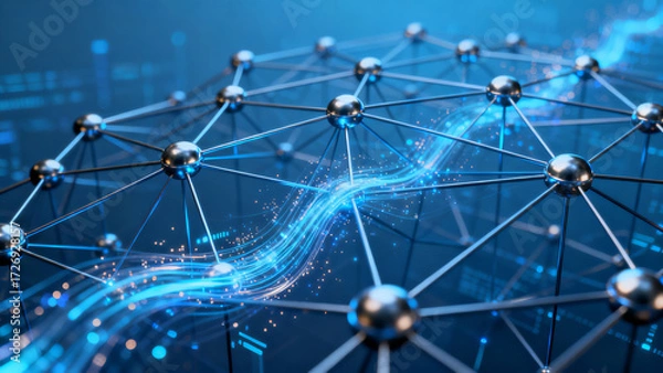 Fototapeta Abstract network of interconnected nodes with glowing blue data streams on a digital background