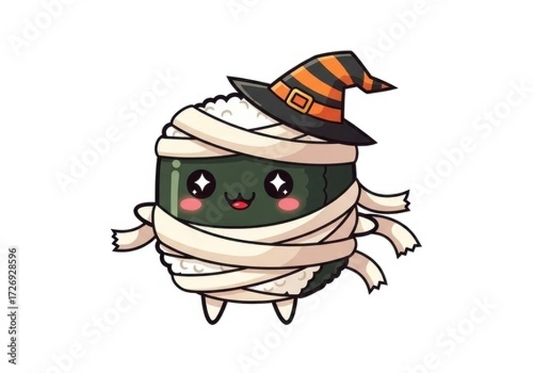 Fototapeta Cute sushi roll mummy character wearing a Halloween witch hat image