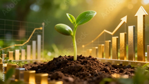 Fototapeta A young plant growing from soil with a golden bar graph showing upward growth in the background, symbolizing sustainable development and economic progress.