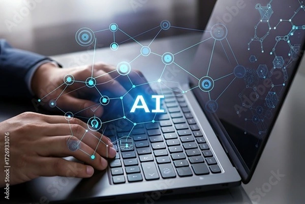 Fototapeta Close-up of hands typing on laptop keyboard, futuristic AI interface overlay, network connections, digital transformation, modern technology, business concept, innovative solution, professional