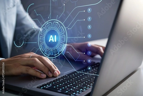 Fototapeta Close-up of hands using laptop, futuristic AI interface hologram, innovative technology concept, modern business professional, digital transformation, data analysis, network connection