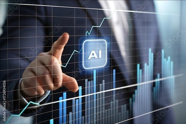 Fototapeta Businessman Interacting with AI-Powered Financial Dashboard Showing Upward Trend, Positive Growth, Technological Advancement, Data Analysis, Modern Business Technology, Strategic Planning, Future