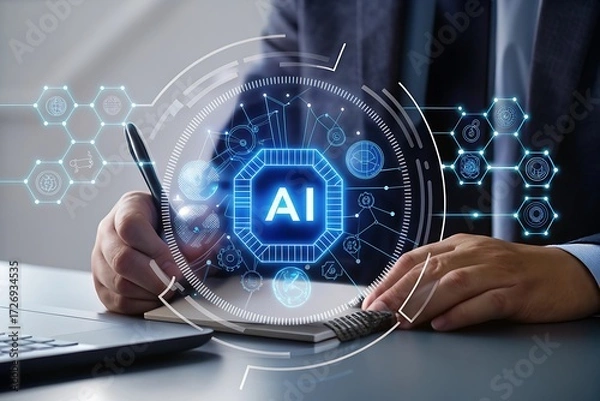 Fototapeta Businessman working on laptop, futuristic AI interface hologram, innovative technology concept, digital transformation, strategic planning, modern workspace, professional, serious mood, technological