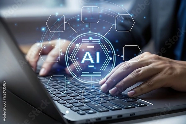 Fototapeta Close-up of hands typing on laptop keyboard, futuristic AI interface hologram, digital data flow, innovative technology concept, modern business, professional workflow, seamless integration