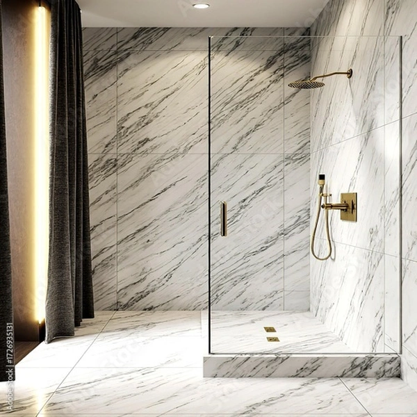 Obraz Luxury hotel bathroom with polished white marble tiles glass shower cabin and golden fixtures creating refined elegant modern hospitality atmosphere