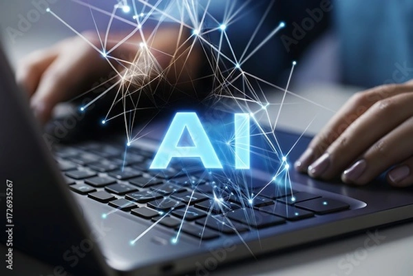 Fototapeta Close-up of hands typing on laptop keyboard, glowing AI symbol with futuristic network connections, innovative technology concept, digital transformation, modern business, artificial intelligence