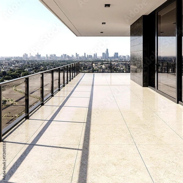 Obraz Outdoor balcony flooring designed with beige marble tiles stylish railing and city skyline view creating modern urban residential atmosphere