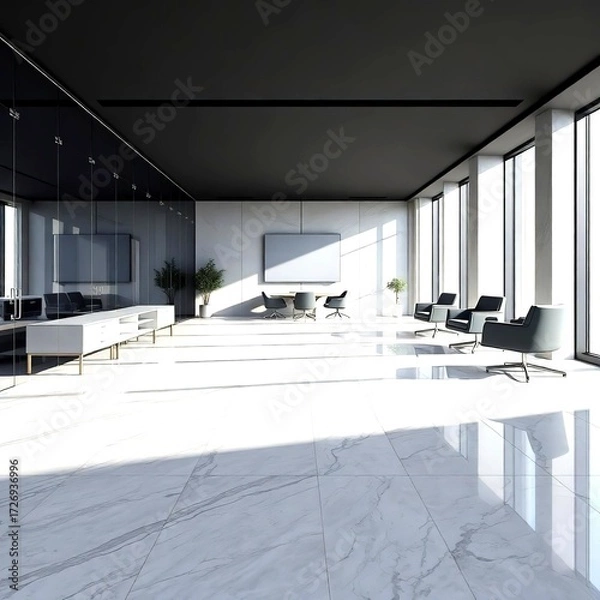 Obraz Office conference room flooring designed with grey marble tiles glass walls and modern furniture creating professional elegant contemporary interior