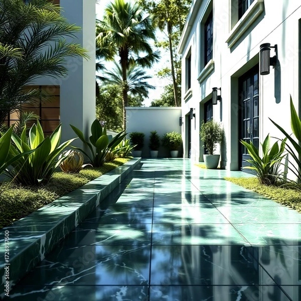 Obraz Outdoor pathway design with green marble tiles artistic lighting and surrounding plants creating serene luxurious stylish residential garden environment