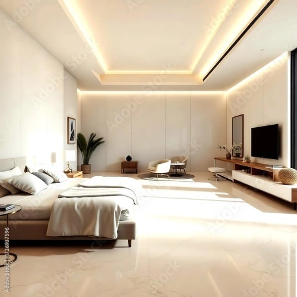 Obraz Bedroom luxury flooring designed with cream marble tiles soft textiles ambient lighting and modern furniture creating warm elegant residential design