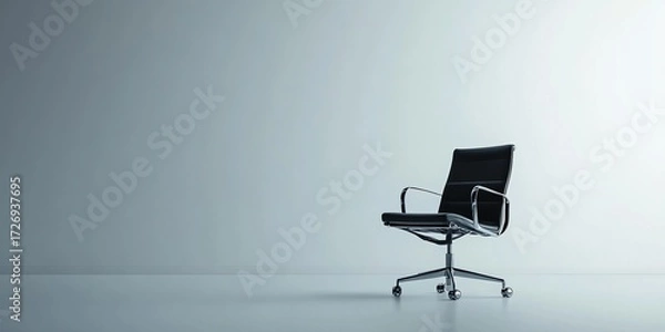 Obraz A pristine, minimalist office environment with a white background and a modern ergonomic office chair at its center, emphasizing the concepts of simplicity, efficiency, productivity, and readiness.