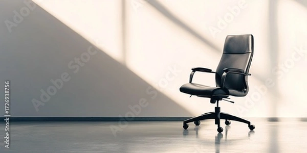 Obraz A pristine, minimalist office environment with a white background and a modern ergonomic office chair at its center, emphasizing the concepts of simplicity, efficiency, productivity, and readiness.