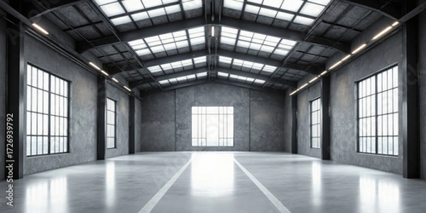 Fototapeta Ultra-Wide Industrial Loft with Steel-Grid Ceiling and Precision Linear LED Highlights - Matte cement floors, steel-beamed industrial ceiling with symmetrical