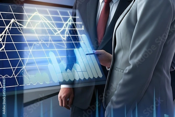 Fototapeta Business professionals analyzing financial data on a futuristic holographic display, showcasing market trends and growth potential with a serious, determined mood.