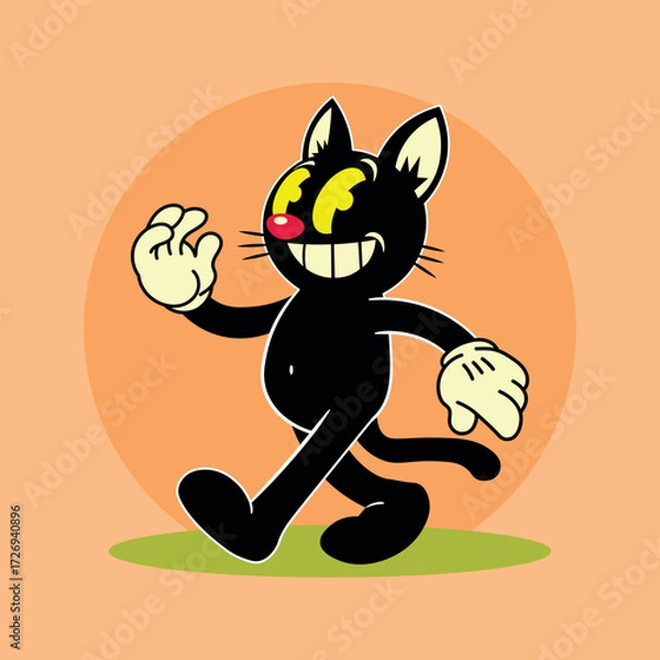 Obraz Vector illustration of a cheerful retro black cat mascot with gloves, large eyes, and a wide grin, walking in vintage 1920s cartoon advertisement style