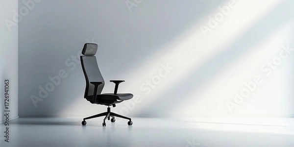 Obraz A pristine, minimalist office environment with a white background and a modern ergonomic office chair at its center, emphasizing the concepts of simplicity, efficiency, productivity, and readiness.