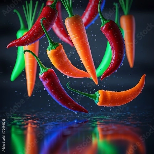 Fototapeta Vibrant Red, Green, Orange Peppers and Carrots with Water Droplets, Reflecting on Surface
