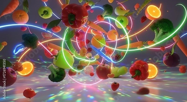 Fototapeta Floating Fruits and Vegetables with Colorful Neon Light Trails on a Disco Floor
