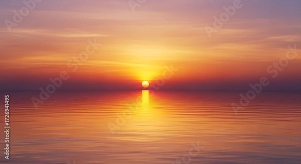 Fototapeta Golden Sunset Over Calm Water Reflections and Tranquility in a Scenic Seascape View