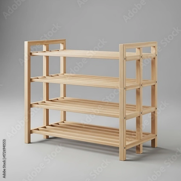 Fototapeta Unfinished Pine Wood ThreeTier Shoe Rack with Slatted Shelves on Gray Background
