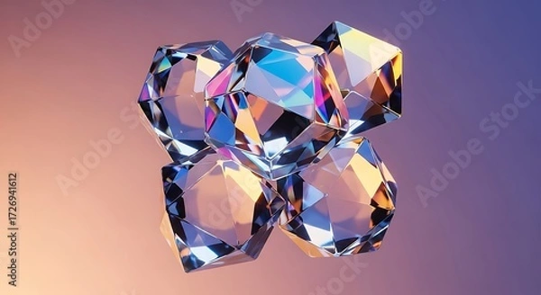 Fototapeta Stacked Faceted Cubes with Iridescent Reflections, Geometric Shapes on Gradient Background