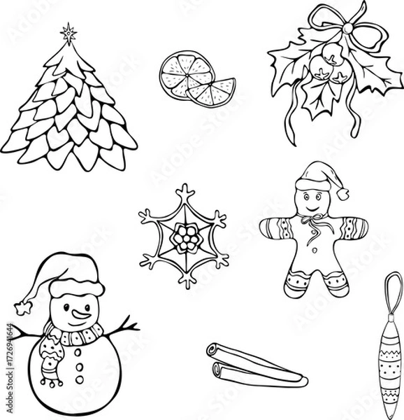 Obraz Christmas Tree and Gingerbread Doodle Set