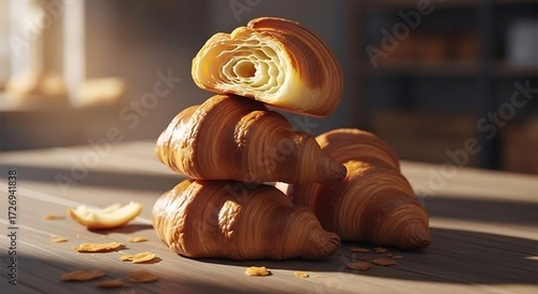 Fototapeta Stack of Golden Brown Croissants, One Cut in Half, on a Wooden Table
