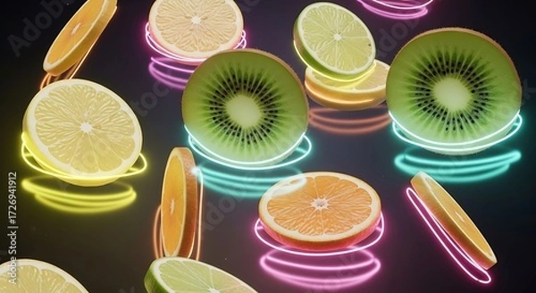 Fototapeta Sliced Citrus Fruit with Neon Glows Kiwi, Lemon, Lime, and Orange Segments