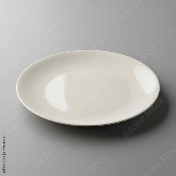 Fototapeta Simple Ivory Ceramic Dinner Plate on Gray Background, Minimalist Kitchenware Closeup