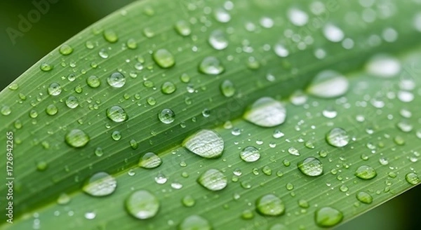 Fototapeta Close Up of Water Droplets on a Vibrant Green Leaf Surface