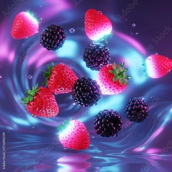 Fototapeta Floating Strawberries and Blackberries with Water Droplets Against Abstract Purple Blue Background