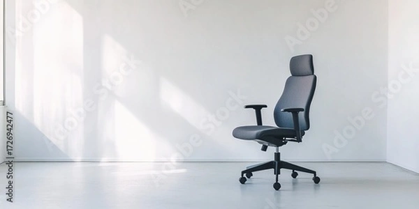 Obraz A pristine, minimalist office environment with a white background and a modern ergonomic office chair at its center, emphasizing the concepts of simplicity, efficiency, productivity, and readiness.