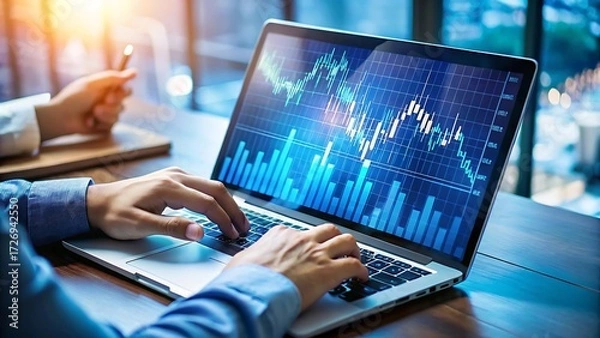 Fototapeta Close-up of businessman's hands analyzing financial data on laptop screen, showcasing dynamic stock market charts and graphs in a modern, professional office setting, conveying a serious and focused