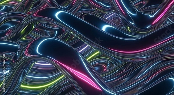Fototapeta Abstract Metallic Waves with Neon Lights Contemporary Design, Dark Background, Wavy Forms