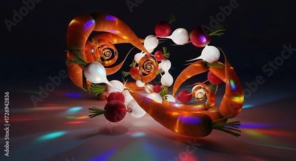 Fototapeta Abstract Swirl of Carrots, Radishes, and Kaleidoscopic Light on Dark Background