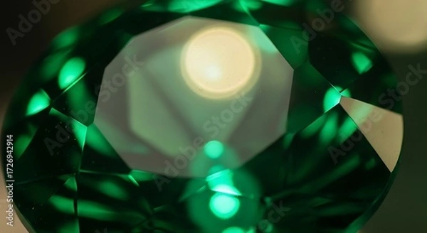 Fototapeta Macro Shot of Green Faceted Gemstone with Light Reflection Detailing Sparkle