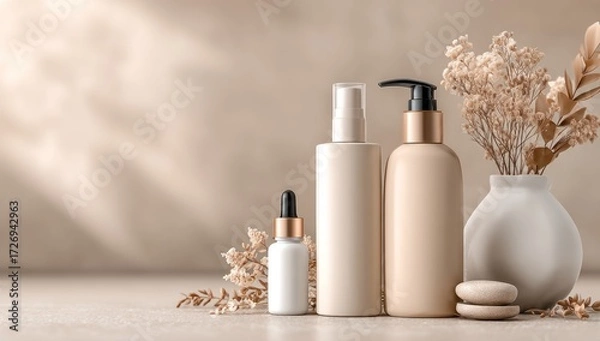 Fototapeta Elegant, beige-toned cosmetic bottles and a vase of dried flowers arranged on a light beige surface, creating a serene and sophisticated aesthetic.