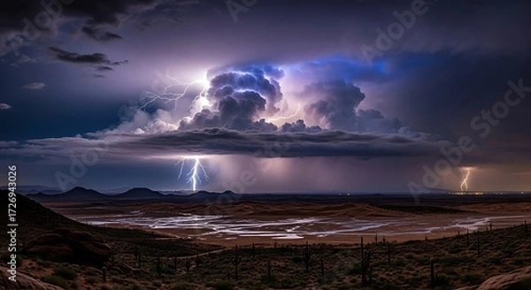 Fototapeta Desert Landscape Illuminated by Lightning During a Dramatic Thunderstorm at Night